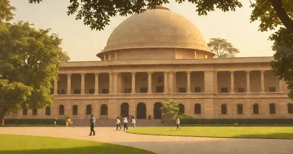 The sandstone UPSC building in New Delhi with a dome and lawn at golden hour