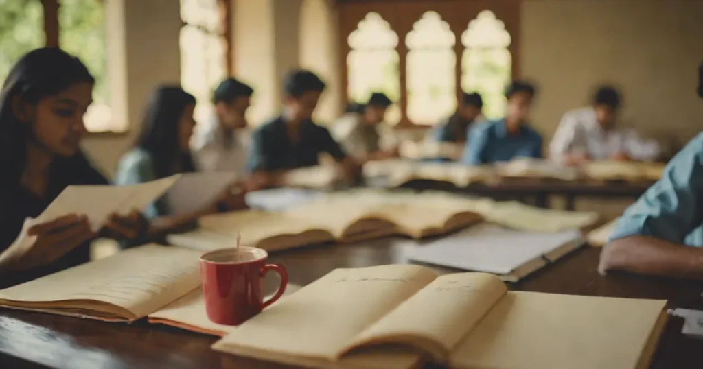Students at a long library table with general studies booklets and a cup of chai