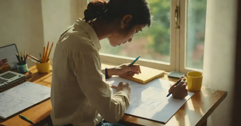 A young woman solving a maths worksheet at a small desk by a window