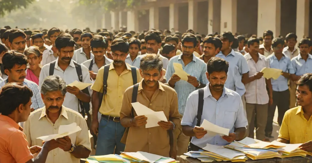 A crowded government exam centre gate in the morning with aspirants holding admit cards