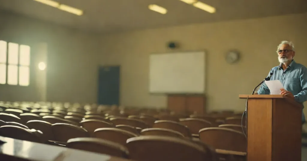 A lecture hall with a professor at a lectern