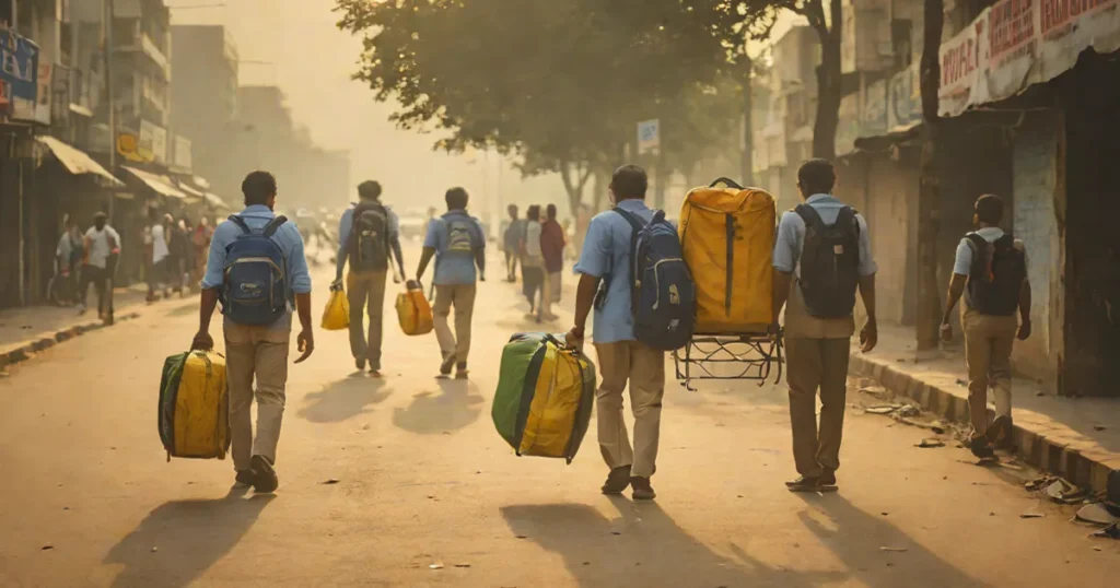 A Delhi coaching-hub street at dawn with aspirants carrying bags