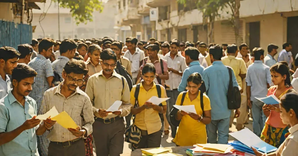 A crowded government exam centre gate in the morning with aspirants holding admit cards