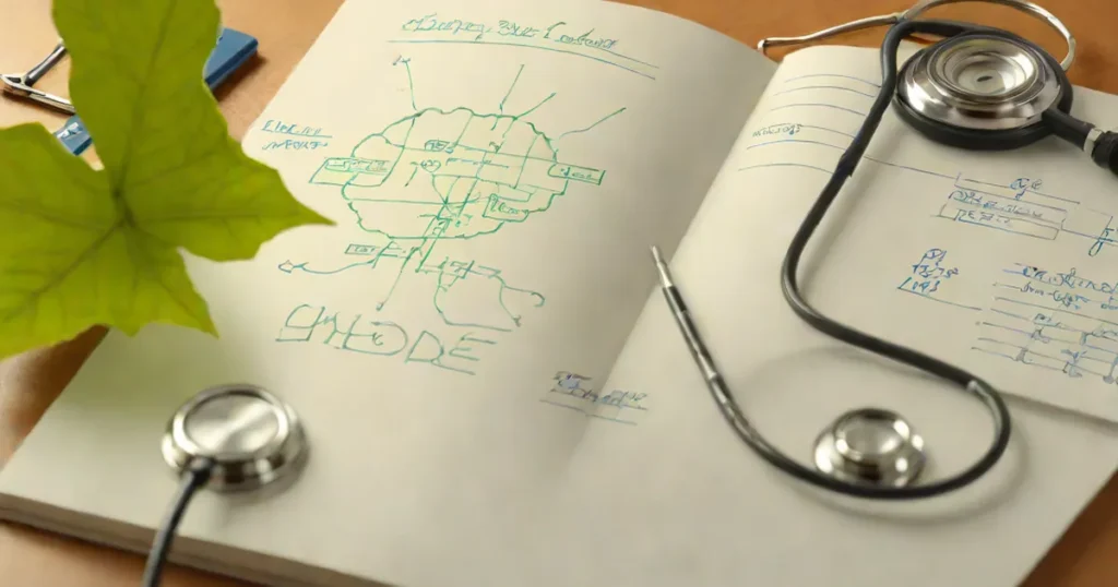 An open biology notebook with a leaf diagram and a stethoscope
