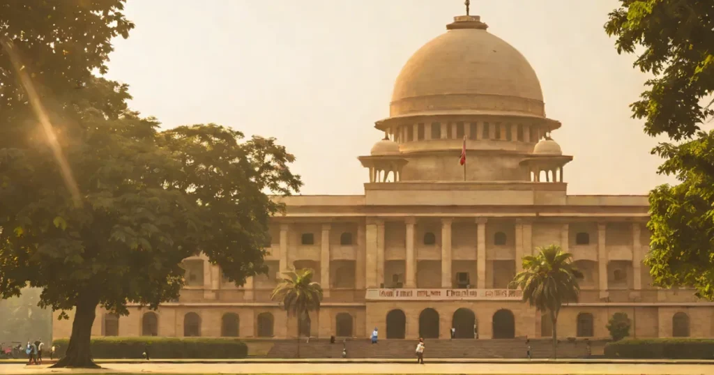 The sandstone UPSC building in New Delhi with a dome and lawn at golden hour