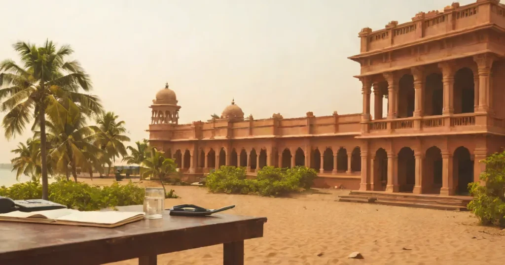 A Chennai Indo-Saracenic red sandstone building by the sea